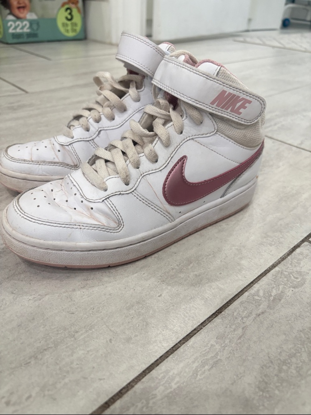 Nike White High-Top Sneakers with Rose Pink Swoosh